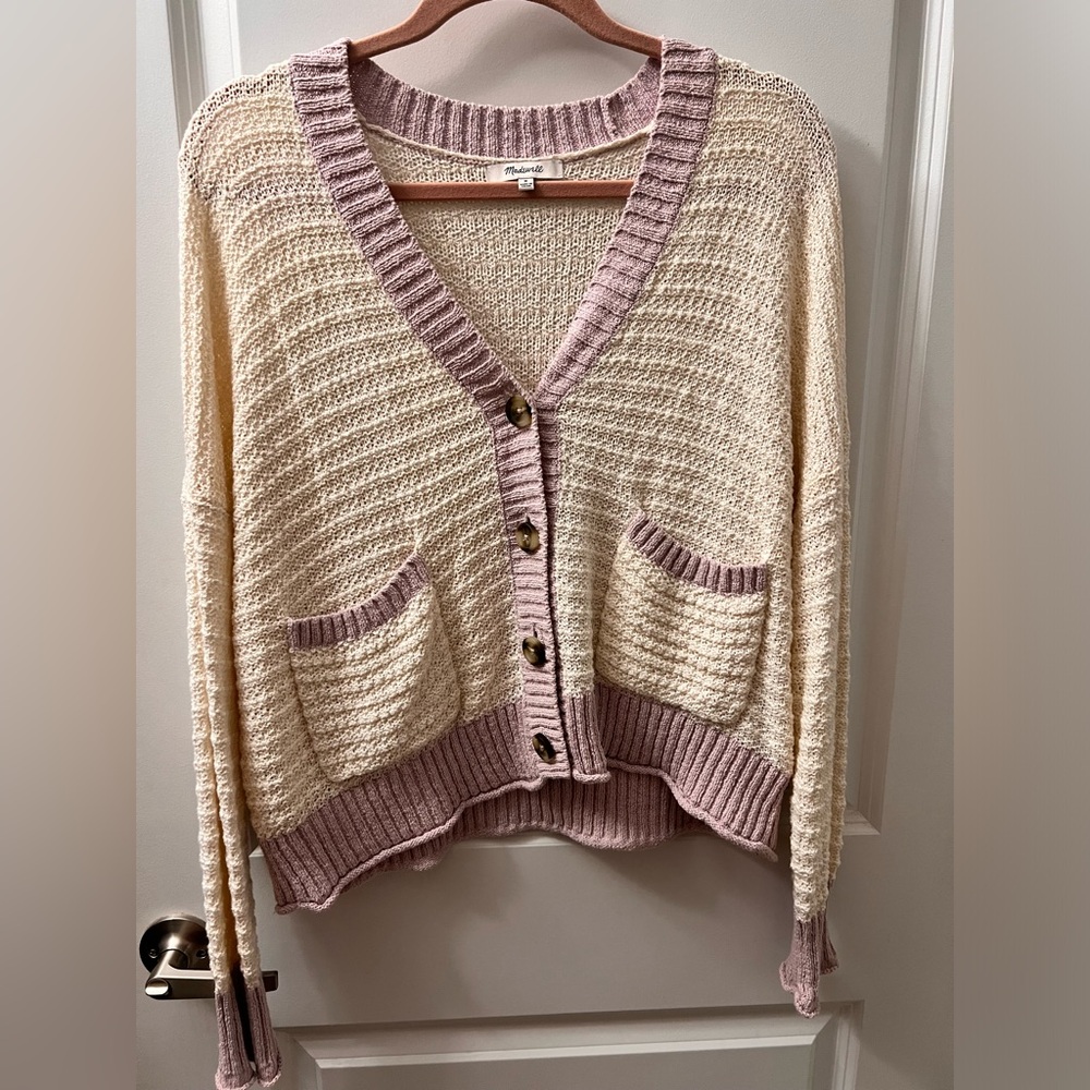 Madewell Cream and Purple Textured Knit Cardigan